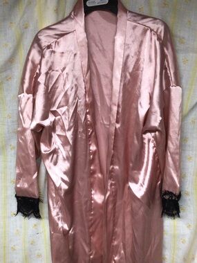 Satin Long Robe with Lace Cuffs - Blush Pink